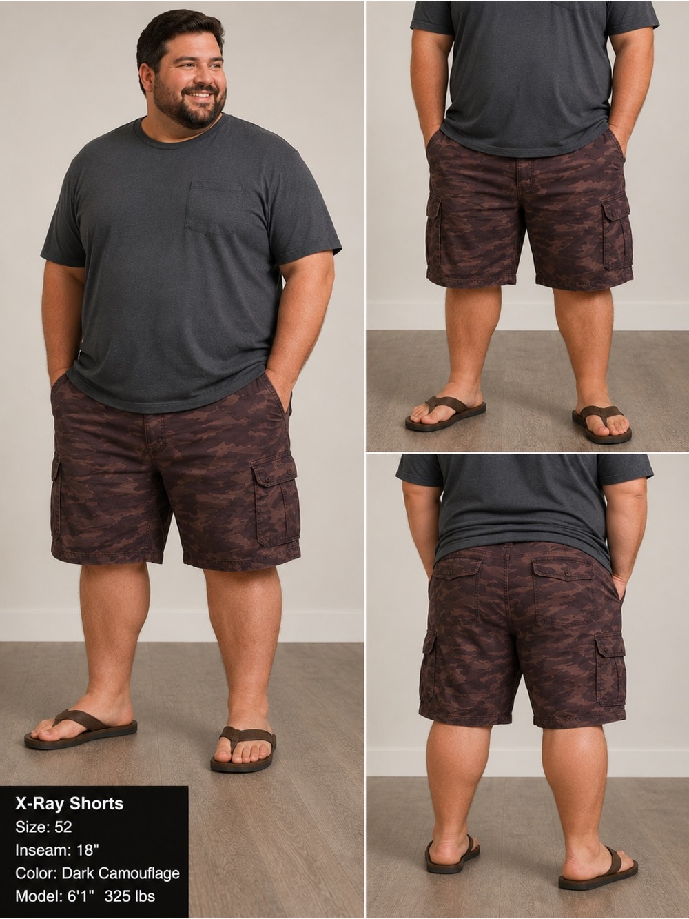 Men's dark Camouflage Cargo Shorts, 100% cotton, size 52 waist